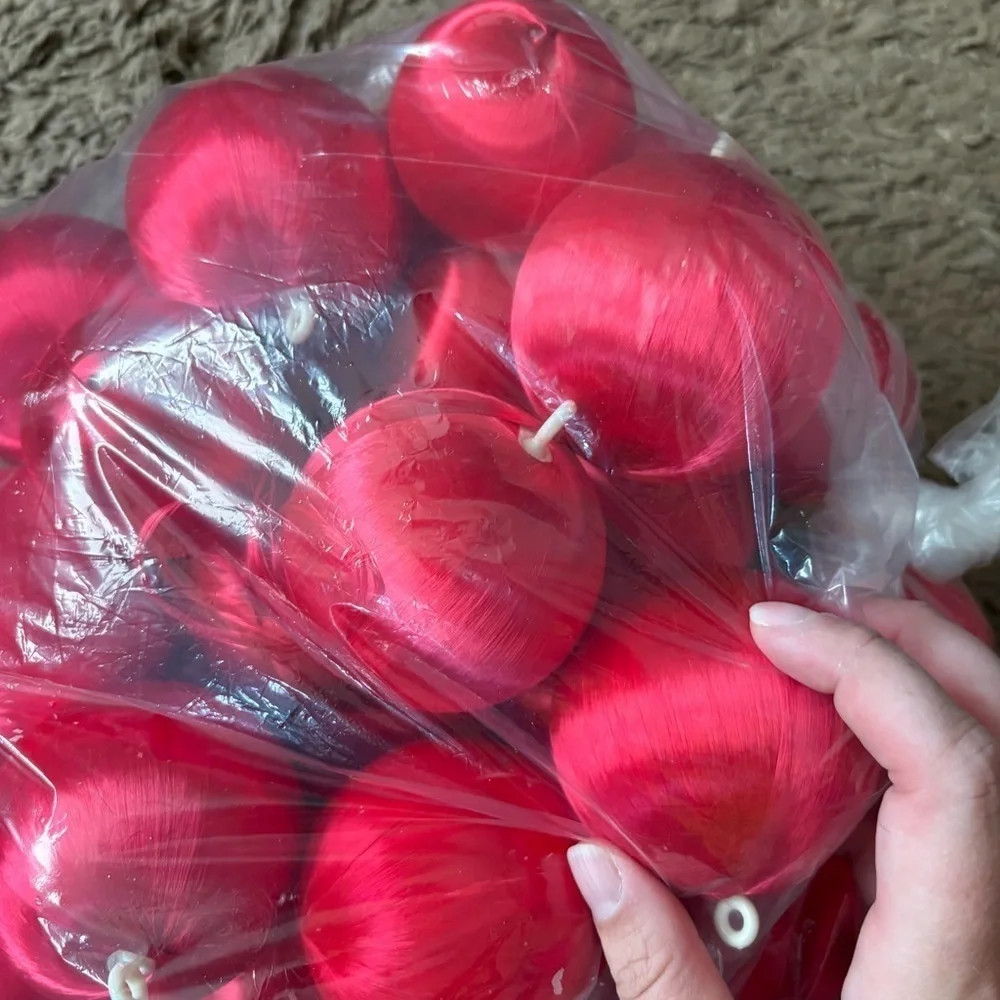 Vintage Red Satin Nylon Wrapped Red Ball Ornament Lot Bundle Christmas